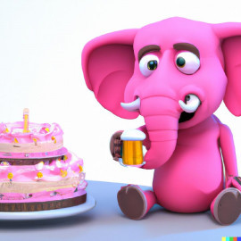 Rosa elefant som äter tårta och dricker öl. Illustration: Joe Formgren via AI.